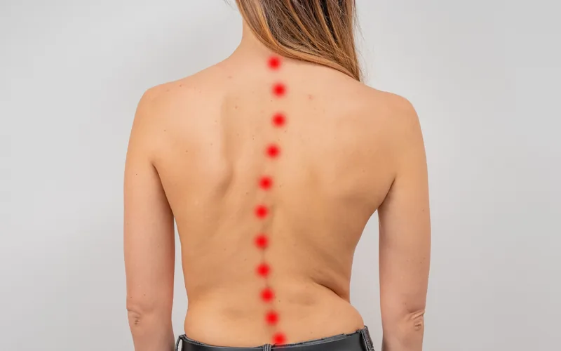 Spinal curve of scoliosis marked on a woman’s back during a chiropractic evaluation in Centennial CO